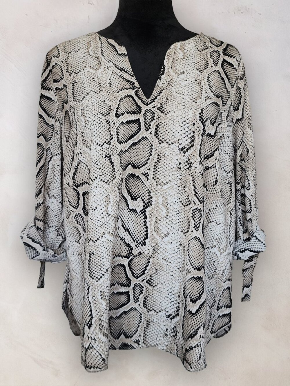 MICHAEL KORS Snakeskin Python Print Notch Neck Roll Tab Blouse Top